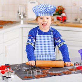 TOPWAYS Grid Kids Apron and Chef Hat Set, Adjustable Check Child Chef Aprons with 2 Pockets, Lattice Print Children's Apron for Kids Toddler Painting Baking Cooking Artist (Blue, M（3-6Years）)