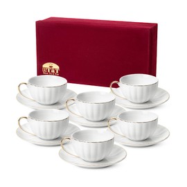 BTaT- White Tea Cups and Saucers with Gift Box, 7oz, Set of 6 Tea Cups Set of 6 with Gold Rim, Cup & Saucer Sets, Tea Cup Set of 6, Tea Cup Sets for Adults, Christmas Gifts