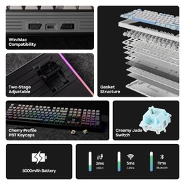 EPOMAKER TH108 Full Size Mechanical Keyboard, Wireless Gaming Keyboard with 8000mAh Battery, Creamy Gasket, 108 Keys, Hot Swap, Custom Driver, RGB Backlight (Black, Creamy Jade)