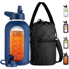 CIVAGO Half Gallon Glass Water Bottle with Straw and Insulated Bottle Holder Sling, 64 oz Motivational Water jug with Time Marker and Silicone Sleeve, Water Flask with 2 Lids, Navy
