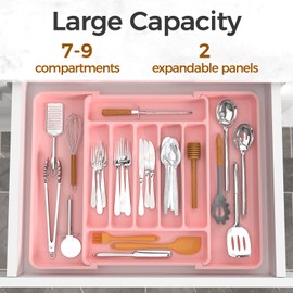 ukeetap Extra Large Expandable Silverware Organizer, BPA-Free Food-Safe Cutlery Flatware Organizer, Kitchen Utensil Drawer Organizer, Adjustable Silverware Holder for Spoons Forks Knives, Pink