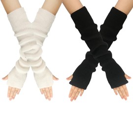 JOYAUS [2 Pack] Winter Fingerless Long Gloves for Women Girls Knit Blended Knitted Arm Warmers Super Soft Arm Sleeves (Black+White)