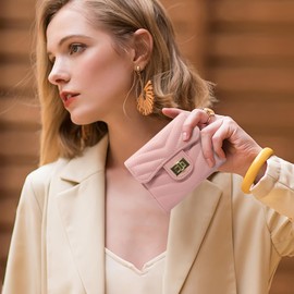 LJCZKA Quilted PU Leather Wallet for Women, Short Card Holder Wallet with Zip, Small Credit Card Holder with Coin Compartment, pink