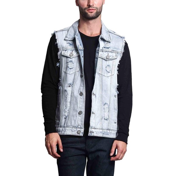 VICTORIOUS Distressed Denim Jean Vest Jacket DK101 - Classic Light
