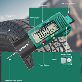 GODESON Tire Tread Depth Gauge - Large LCD Screen with Inches/Millimeters/Fraction Units, Zero Reset Function, Digital Tire Depth Gauge for Car, Truck, SUV, Green Tread Wear Measurement - 0-25.4mm