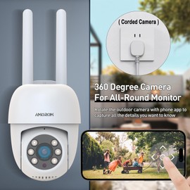 AMOROM 2K Outdoor Security Camera, 360° CCTV Camera with Color Night Vision, Alarm Siren, Spotlight, Motion Detection, 2 Way Audio, Waterproof, Works with Alexa/Google Home, 2.4GHz Wifi