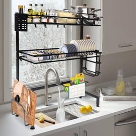 JAYGOVAN Over The Sink Dish Drying Rack,2 Tier Dish Rack Over Sink with Baskets Utensil Holder Cup Holder&chopping board rack, Large Dish Rack for Kitchen Sink Organizer -25.6''×11.02''×32.28''