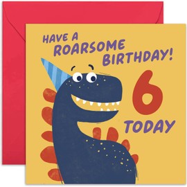 Old English Co. Happy 6th Birthday Card for Boy or Girl - Roarsome Funny Cartoon Dinosaur Sixth Birthday Card - Age Six Card - For Son, Daughter, Grandson, Granddaughter | Blank Inside Envelope