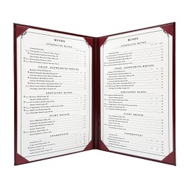 Burgundy, 5-Pack, Premium faux leather Restaurant Menu Covers - 8.5" x 14" - 2 View, Columbia Casebound with Interior Album Corners Menu Holder for Menus, Wine Lists, Drinks