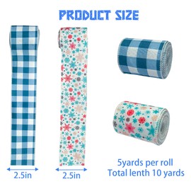 HIENAJ 2Rolls 10 Yards Blue Snowflake Ribbon White Ribbon Snowflake Ribbon 2.5 Inch Christmas Wired Ribbon Blue Checkered Ribbon for Winter Holiday Decor, Christmas Tree Garland Wreath, Gift Wrapping