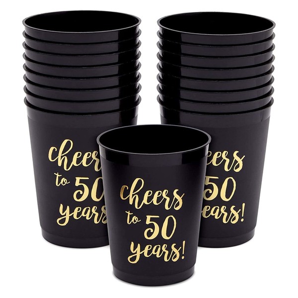 Sparkle and Bash 16 Pack Cheers to 50 Years Plastic Party Cups - 50th Birthday Decorations for Men and Women, Anniversaries (Black, 16 oz)