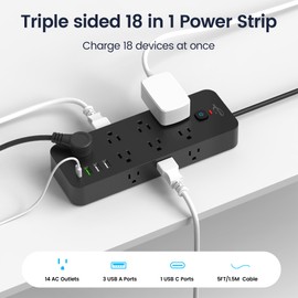 2 Pack JouleLoom Surge Protector Power Strip with USB Ports, 14 AC Outlets with 4 USB Ports (1 USB C), 5 Feet Extension Cord with Multiple outlets, 1875W/15A, One Touch Switch, Wall Mountable, Black
