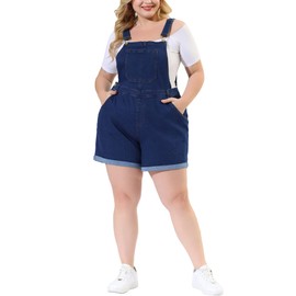 Agnes Orinda Plus Size Overall Shorts for Women Jumpsuit Roll Hem Pocket Jean Denim Overalls 4X Blue