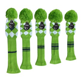Scott Edward Golf Headcovers 5Pcs for Driver*1 Fairway*2 Hybrid*2,Knitted Elastic Yarn Double Layers Big Pom Protect Golf Club from Scracthes and Dust,Perfect Match Golf Bags (Green Grey)