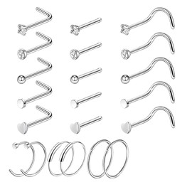 21 Pcs Nose Piercing,Nose Piercings Jewellery,Stainless Steel Silver Bone L Shape Ring,Small Rings,Multiple Styles,Hypoallergenic Hook Bars,Jewelry Showcase Girls' Personalities for Women,Girls