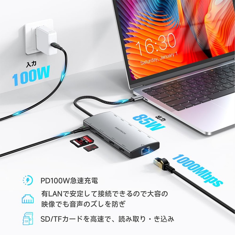 RSHTECH 11-in-1 USB C Docking Station, 2 HDMI, 4K@60Hz, Single