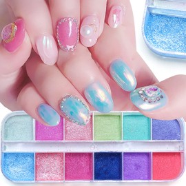 12 Colors Nail Powder Holographic Pearl Color Aurora Pigment Nail Art Glitter Dust Design Women Girls Manicure Tips Charms Decoration 3D Nails Supplies for Nail Art Gel Polish Dipping Liquid Powders