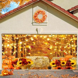Fall Thanksgiving Garage Door Cover Decorations Backdrop Large 7x16ft 2 Car Autumn Garage Door Banner Maple Forest Pumpkin Haystack Outdoor Fall Garage Decorations Door Cover Fall Party Decor Supplies
