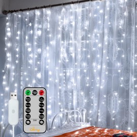 Ollny Curtain Lights 6.6x6.6ft, 200 LED White String Lights with Remote 8 Modes Dimmable Timer, USB Power Fairy Light for Bedroom Backdrop Indoor Wall Window Wedding Decor