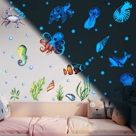 Yosemy Wall Sticker Luminous Ocean Sea Animals Fluorescent Wall Sticker Underwater World for Children's Room Decorative Sticker Wall Decoration Blue