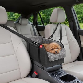BurgeonNest Center Console Small Dog Car Seat - Portable Pet Cat Puppy Booster Armrest Carseat Up to 11lbs, Anti-Collapse Comfort Car Travel with Washable Fluffy Cushion and Pillow, Grey