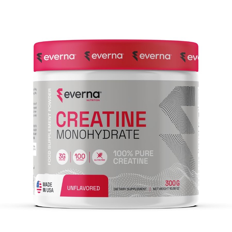 EVERNA Creatine Monohydrate Powder, 10.58oz (300g) Unflavored, 100 Servings, 100%