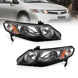 AS Headlight Assembly for 2006 2007 2008 2009 2010 2011 Honda Civic 4 Door Sedan Headlamp with Black Housing Amber Reflector Clear Park Lens Driver and Passenger Side Pair