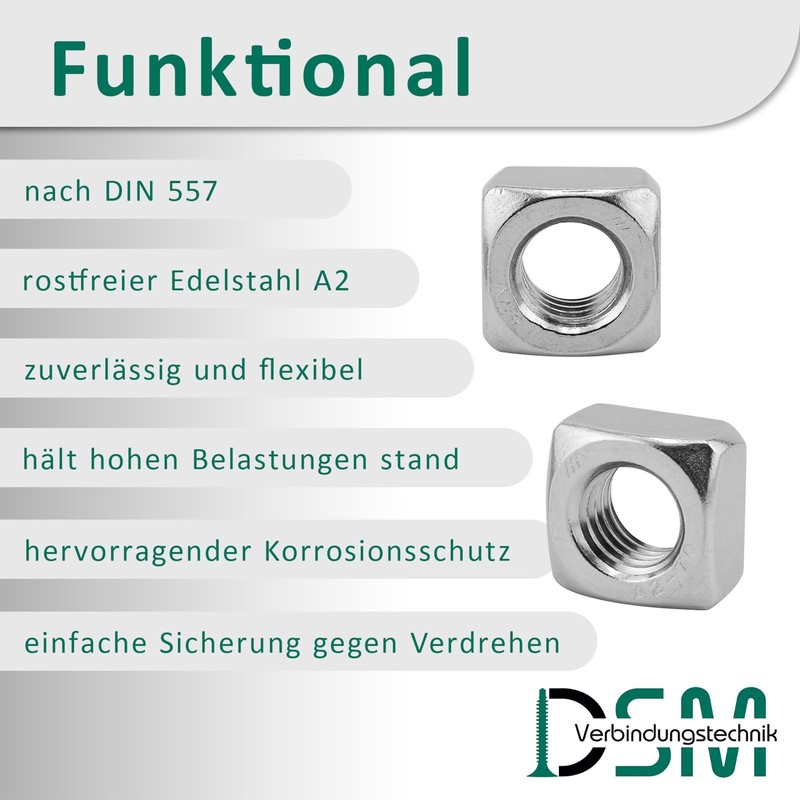 DSM Square Nuts M8 According to DIN 557, Regular Shape,