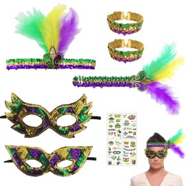 6 Pcs Mardi Gras Costume Accessories, Mardi Gras Feather Headband Sequins Masks Bracelets Tattoo Stickers Mardi Gras Parade