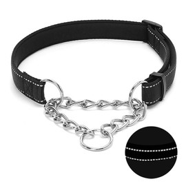 Martingale Dog Collar with Stainless Steel Chain, Adjustable Soft Padded Nylon Reflective Collar, No Pull Heavy Duty Chain Walking Training Colllars for Large, Medium, Small Dogs(Black, 16.5" - 27.6")