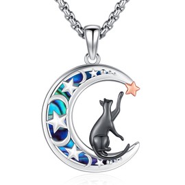 LOOVE Animal Necklace for Women Sterling Silver Black Cat Necklace Abalone Shell Crescent Moon Necklace Animal Jewelry