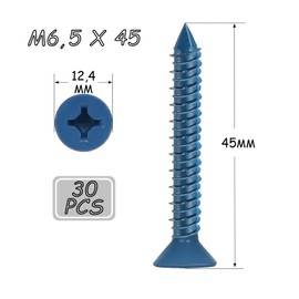 DAYALO Concrete Screws Countersunk Head with Phillips M6.5 x 45, Pack of 30 Concrete Screws Galvanised with Drill and Screwdriver Bit for Masonry, Concrete, Architecture, Industry (Blue)