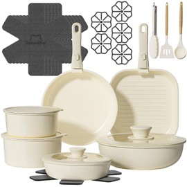 OzawaBear 26 Pcs Ceramic Cookware Set Non Toxic with Detachable Handles, Healthy Nonstick Pans and Pots Set, Induction Dishwasher Oven Safe Kitchen Set, PFAS PFOA & PTFE Free, Cream White