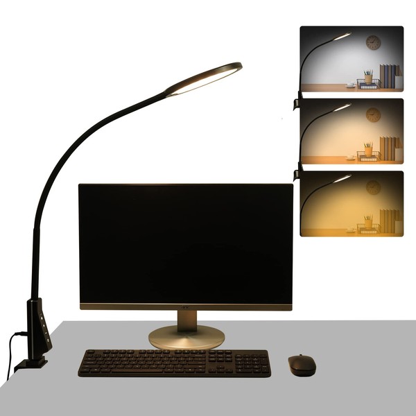 HDTIME LED Desk lamp with Clamp, Eye-Caring Clip on Lamp for Home Office, 5 Lighting Modes with 5 Brightness Levels, Flexible Gooseneck Swing Arm Architect Task Table Lamps