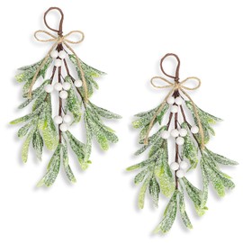 2 Pcs Christmas Artificial Mistletoe Ornament, 10.6'' Snowy Frosted Mistletoe Christmas Decoration with Berry Kissing Ball Mistletoe Hanging Decorations Spray for Winter Holiday Decor (2, White)