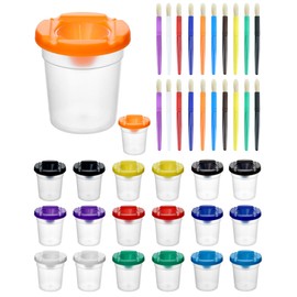 QWORK 40-Piece Spill-Proof Paint Cups with Paint Brushes - Student Painting Tools Brushes for Watercolor, Tempera, Washable, Acrylic, Crafts - Suitable for Art Classes and Preschool Art Supplies