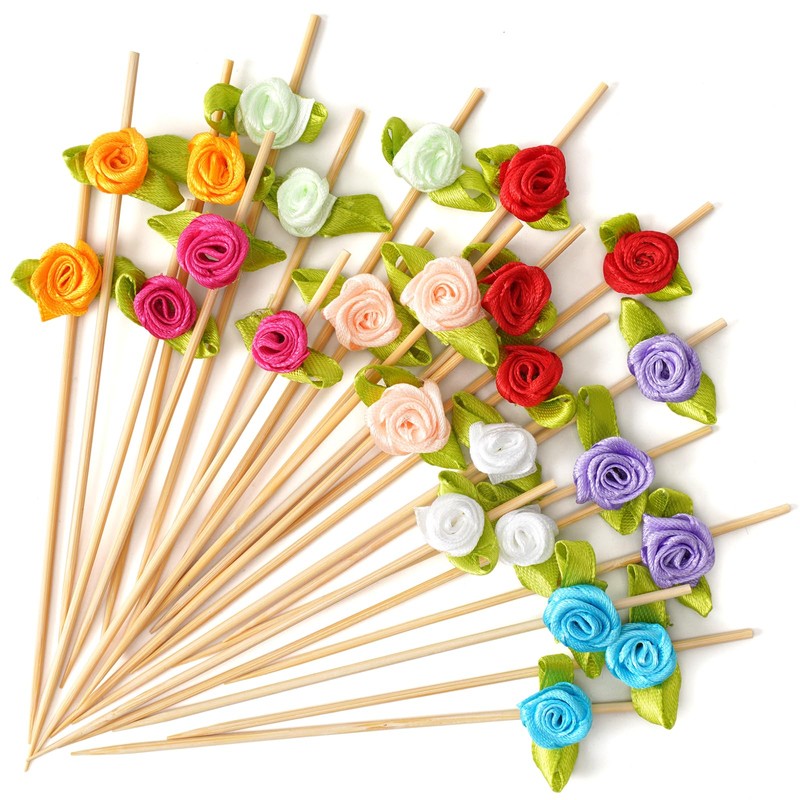 Minisland Green Rose Flower Cocktail Picks, 4.7 Inch Long Bamboo