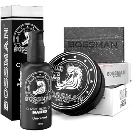 Bossman Starter Beard Kit for Men – Beard Oil (2 oz), Beard Balm & Bar Soap – Natural & Organic Grooming Kit – Made in the USA (Naked – Unscented)