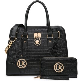 Dasein Women Handbags Top Handle Satchel Purse Shoulder Bag Hobo Bag Work Bag Set 2pcs (Croco Black)