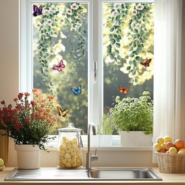 ANATTASOUL Stickers Window, Double Sided Eucalyptus Leaves and Flowers Window Clings, PVC Static Window Stickers, Anti-Collision Glass Window Doors Stickers for Office School Home Party Decoration