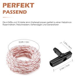 Kisvic Starter Rope Lawnmower 10 m, Lawn Mower Pulley and 4 Pieces Start Handle, Suitable for Lawnmowers, Trimmers, Edge Cutter, Brush Cutter, Engine Parts, Chainsaws