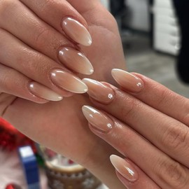 KQueenest Chrome Press On Nails French - Glitter Ombre Pink Nails for Sticking Almond, Sparkle Bling Fake Nails Artificial Fingernails for Sticking Medium Glazed Acrylic Nails for Women, Pack of 24