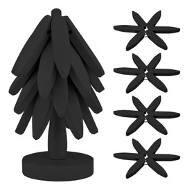 MERN Wooden Trivets for Hot Dishes, Hot Pots and Pans - Decorative Tree-Shaped 4 Foldable Beech Wood Mats + 1 Stand for Kitchen Countertops - Heat-Resistant Trivet Set - Black Kitchen Decor
