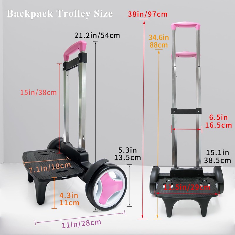 Rolling Backpack Trolley Cart with Stair-Climbing Quiet Wheels,Foldable Aluminum Frame,Adjustable