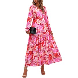 BTFBM Women Spring Dresses 2025 Casual Long Sleeve V Neck Maxi Dresses Floral Boho Long Dress Wedding Guest Dress(Rose Red Flower,Large)