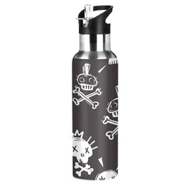 ATTX Funny Rock Punk Skulls Water Bottle with Straw, 22OZ Sports Water Bottle BPA Free Stainless Steel Water Jugs for Gym,Working, Outdoor