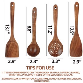Wooden Cooking Utensil Set,Natural Teak Wooden Spoons,Wooden Spatula,4 Pcs Kitchen Utensils for Pan Cooking Utensils and Wok Utensils