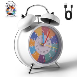 ZONJIE Analogue Alarm Clock for Children, Double Bell Alarm Clock, No Ticking with Loud Alarm, Night Light and Large Clear Dial, Alarm Clock Analogue, Alarm Clock Easy to Set (White)