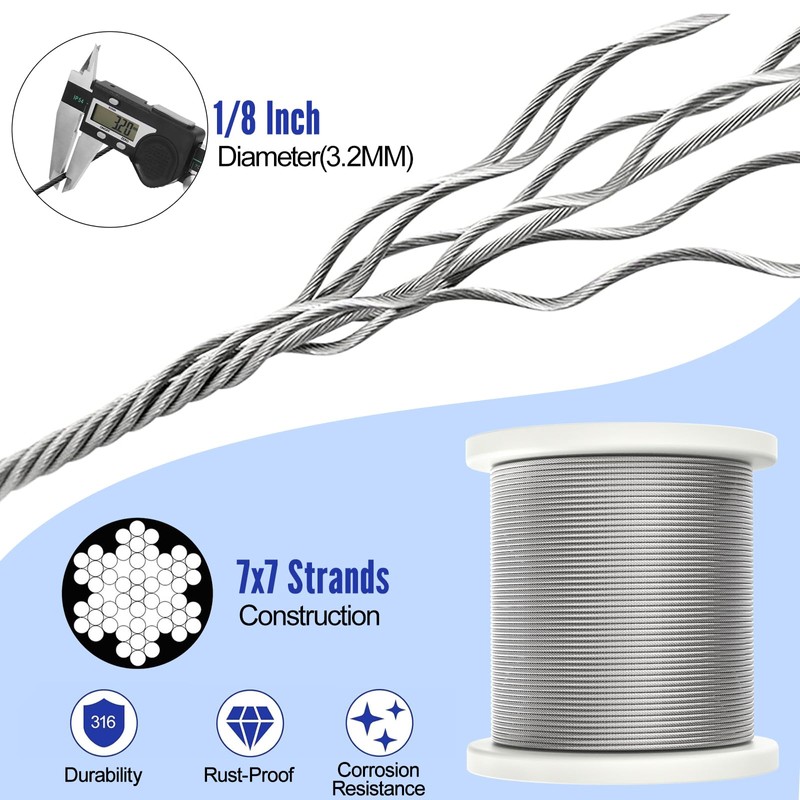 BLIKA 500FT 1/8" Stainless Steel Cable with Cutter, T316 Marine