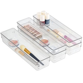 ZEXALOR Clear Drawer Organizer Bins Set, Transparent Rectangle Trays, Dresser Bathroom Makeup Vanity Organization and Storage Bins Office Desk Drawer Dividers Organizers (5pc - 12×3×2")